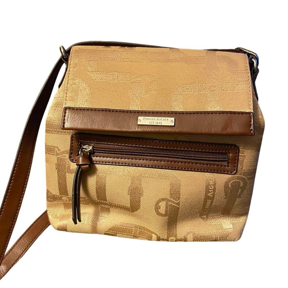 Etienne Aigner Small Shoulder/Crossbody Bag, Canvas Brown Leather Trim, "A" Logo